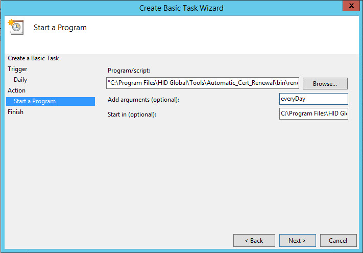 Create Basic Task Wizard screen with Start a Program highlighted under the Action step on the left, with a field displaying the selected Program/script, an optional "everyDay" argument added and a value set for the optional Start in field, as well as a Back button, a Next button, and a Cancel button at the bottom right of the screen and a Close button in the top right corner